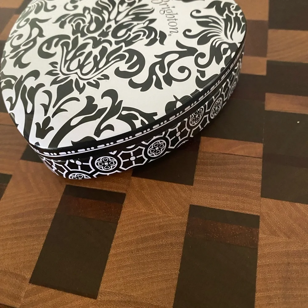 Retired Brighton Black and White Heart-Shaped Damask Decorative Tin Box 3.5”